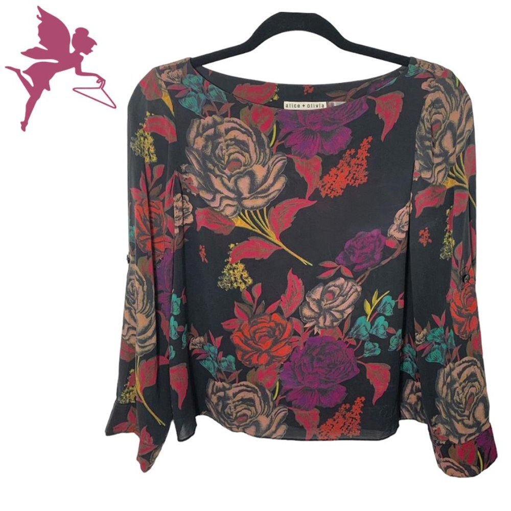 ALICE & OLIVIA Sid Silk Floral Tab Sleeve Blouse
